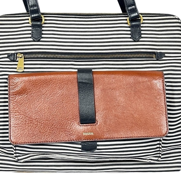FOSSIL Kinley Shopper Black White Striped Shoulder Bag Tote Purse - Picture 5 of 16